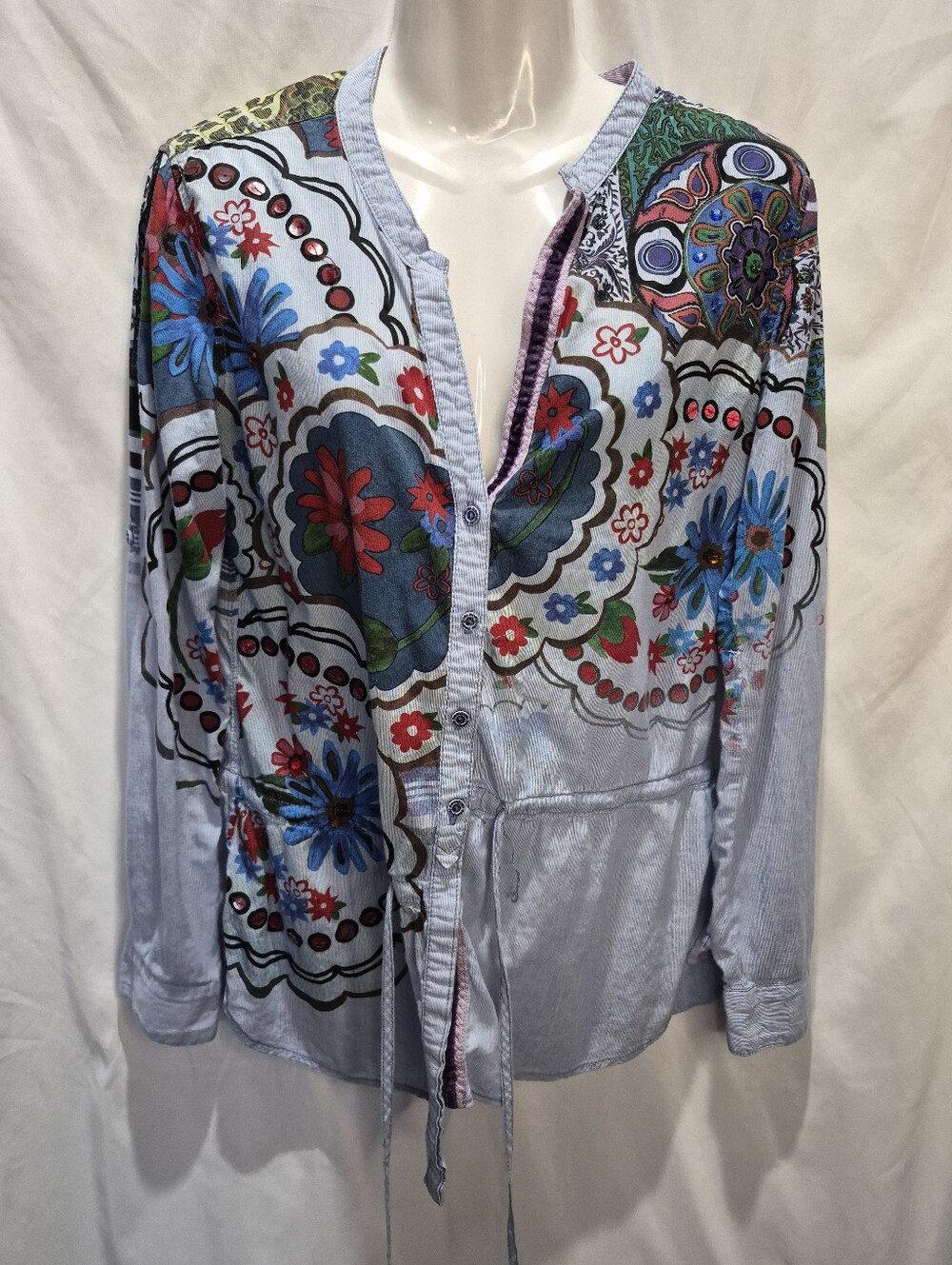 Desigual Patchwork Floral Embellished Tunic Blouse Blue Size L
